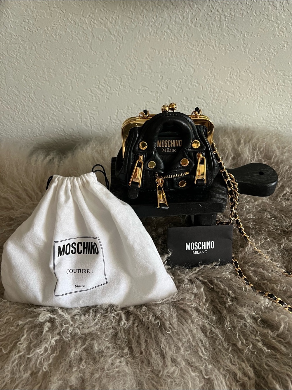 Moschino Milano Mini Micro Backpack Bag Black Leather Gold Hardware Rare!